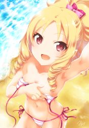 Rule 34 | 10s, 1girl, :d, arm up, armpits, bad perspective, bare shoulders, beach, bikini, blonde hair, blush, bow, breasts, cleavage, collarbone, cowboy shot, day, drill hair, eromanga sensei, foreshortening, from above, hair bow, long hair, looking at viewer, looking up, navel, ocean, open mouth, outdoors, parted bangs, pink bow, pink ribbon, ponytail, reaching, reaching towards viewer, red eyes, ribbon, sand, selfie, shiny skin, side-tie bikini bottom, signature, small breasts, smile, solo, standing, stomach, striped bikini, striped clothes, swimsuit, tareme, twin drills, untied bikini, water, yamada elf, yano takumi
