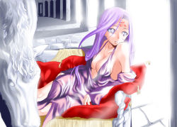 Rule 34 | 00s, 1girl, :o, bare shoulders, breasts, cleavage, couch, detached sleeves, dress, facial mark, fate/stay night, fate (series), forehead mark, long hair, long sleeves, looking to the side, lying, medusa (fate), medusa (rider) (fate), on couch, on side, parted lips, pillar, purple dress, purple eyes, purple hair, sideboob, sleeveless, sleeveless dress, solo, statue, tattoo