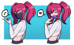 Rule 34 | 1girl, absurdres, ball gag, bra, breasts, commentary, crop top, ear piercing, eighth note, english commentary, eyebrow piercing, eyeshadow, gag, heart, highres, jam-orbital, makeup, mask, medium breasts, midriff, mouth mask, musical note, one eye closed, original, piercing, pink eyeshadow, purple eyes, purple nails, red hair, see-through, see-through shirt, sidelocks, spoken heart, spoken musical note, twintails, underwear