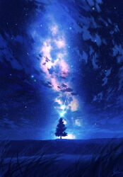 absurdres chinese_commentary cloud commentary grass highres huashijw milky_way night night_sky no_humans original scenery shooting_star signature sky star_(sky) starry_sky tree