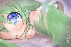 Rule 34 | 1girl, blue eyes, breasts, clo53837533, close-up, female focus, green hair, harpy, lying, monster girl, on stomach, one eye closed, open mouth, original, small breasts, solo, twitter username