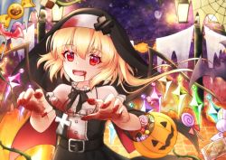 Rule 34 | 1girl, absurdres, alternate costume, arms up, bat (animal), belt, black headwear, black neckwear, black ribbon, blonde hair, blood, blood from mouth, blood on hands, buckle, candy, chocolate, cross, crystal, decorations, fangs, fingernails, flandre scarlet, food, halloween, halloween bucket, halloween costume, highres, lantern, lollipop, looking at viewer, nail polish, nun, open mouth, plant, red eyes, red nails, ribbon, rina sukareltuto, sharp fingernails, side ponytail, slit pupils, solo, standing, touhou, upper body, utility pole, vines, wings