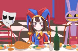 Rule 34 | 1boy, 2girls, angry, arms at sides, bell, blue bodysuit, blue eyes, blue headwear, blunt bangs, blunt ends, blush stickers, bodysuit, bottle, brown hair, carrot, closed mouth, colored sclera, constricted pupils, crying, cup, dining room, drinking glass, food, fork, frown, gangle (the amazing digital circus), grin, hat, jax (the amazing digital circus), jester, jester cap, jingle bell, knife, kurokimoko, looking at viewer, looking to the side, mask, meat, medium hair, multicolored bodysuit, multicolored clothes, multicolored headwear, multiple girls, overalls, pale skin, parted lips, pillar, plate, pom pom (clothes), pomni (the amazing digital circus), potato, puffy short sleeves, puffy sleeves, rabbit boy, red bodysuit, red eyes, red headwear, red overalls, red ribbon, ribbon, short sleeves, sitting, smile, solo focus, spoon, sweat, symbol-shaped pupils, table, tears, the amazing digital circus, tile floor, tiles, turkey (food), two-tone eyes, v-shaped eyebrows, yellow bodysuit, yellow headwear, yellow sclera, yellow teeth