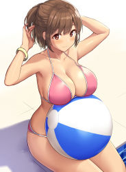 Rule 34 | 1girl, 3:, absurdres, armpits, arms up, ball, bangle, bare arms, bare shoulders, beachball, bikini, bracelet, breasts, brown hair, cleavage, closed mouth, collarbone, commentary request, half updo, halterneck, halterneck, highres, jewelry, large breasts, looking at viewer, original, pink bikini, poolside, red eyes, sawada yuusuke, short hair, sitting, solo, strap gap, string bikini, swimsuit, thighs