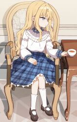 Rule 34 | 1girl, black footwear, blonde hair, blue eyes, blue skirt, chair, character request, commentary, cup, english commentary, holding, holding cup, kneehighs, long hair, on chair, parted bangs, please bully me miss villainess!, sitting, skirt, slippers, socks, solo, table, tagme, tea, teacup