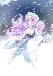 Rule 34 | 1girl, alternate costume, alternate hair length, alternate hairstyle, arms at sides, barefoot, breasts, cleavage, colored eyelashes, dora ita, hat, japanese clothes, kimono, large breasts, letty whiterock, long hair, obi, open mouth, purple eyes, purple hair, sash, snow, snowing, solo, standing, touhou, tree, wavy hair, wide sleeves, yuki onna