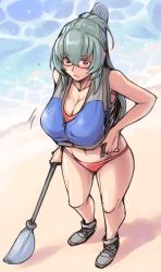 Rule 34 | 00s, beach, bespectacled, bikini, blush, boots, breasts, cleavage, day, glasses, large breasts, life vest, oar, aged up, outdoors, red eyes, rozen maiden, silver hair, sketch, solo, suigintou, swimsuit, tsuda nanafushi, water