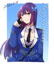 Rule 34 | 1girl, arm at side, assault lily, black gloves, black necktie, blue bow, blue jacket, blue skirt, border, bow, braid, breasts, butterfly hair ornament, closed mouth, collared shirt, commentary, dated, epaulettes, fingerless gloves, funada kiito, gift art, gloves, gradient background, green eyes, hair ornament, half gloves, hand in own hair, hand up, happy birthday, jacket, large breasts, long hair, long sleeves, looking ahead, looking to the side, mole, mole under eye, necktie, nigari (ngari 0115), outside border, purple hair, shirt, side braid, single braid, skirt, smile, solo, upper body, very long hair, white border, white shirt