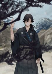 Rule 34 | 1boy, :d, ^ ^, black hair, black kimono, blurry, blurry foreground, closed eyes, day, double-parted bangs, facing viewer, fate/grand order, fate (series), feet out of frame, grey hakama, hair between eyes, hakama, hand up, highres, japanese clothes, katana, kimono, long hair, low ponytail, male focus, open mouth, pine tree, rock, sakamoto clan (emblem), sakamoto ryouma (fate), sakamoto ryouma (lancer) (fate), sand, sheath, sheathed, smile, solo, straight-on, sword, teria (teriarian), tree, waving, weapon