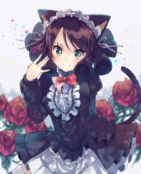 Rule 34 | 10s, 1girl, animal ears, arm behind back, bad id, bad pixiv id, bell, black dress, black hair, bow, bowtie, cat ears, cat tail, cowboy shot, curly hair, cyan (show by rock!!), dress, eyelashes, flower, hairband, highres, juliet sleeves, lolita hairband, long sleeves, looking at viewer, open m/, open mouth, petticoat, puffy sleeves, red bow, red bowtie, red flower, red rose, rose, show by rock!!, smile, solo, standing, swept bangs, tail, thighhighs, ultone (neisiss), zettai ryouiki