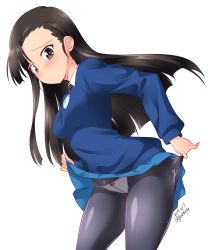 Rule 34 | 1girl, adjusting clothes, adjusting legwear, alternate costume, asymmetrical bangs, black hair, black necktie, black pantyhose, blue skirt, blue sweater, blunt ends, blush, bow, bow panties, brown eyes, closed mouth, clothes lift, commentary request, crotch seam, dated, dress shirt, emblem, girls und panzer, highres, kuzuryuu kennosuke, leaning forward, lifted by self, long hair, long sleeves, looking at viewer, miniskirt, necktie, nishi kinuyo, one-hour drawing challenge, panties, panties under pantyhose, pantyhose, pleated skirt, school uniform, shirt, simple background, skirt, skirt lift, solo, st. gloriana&#039;s school uniform, standing, straight hair, sweater, thighs, twitter username, underwear, v-neck, white background, white panties, white shirt, wing collar