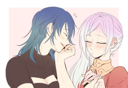 Rule 34 | 2girls, black shirt, blue hair, blush, breasts, byleth (female) (fire emblem), byleth (fire emblem), cleavage, cleavage cutout, closed eyes, closed mouth, clothing cutout, collar, collarbone, collared dress, commentary request, couple, dress, edelgard von hresvelg, fingernails, fire emblem, fire emblem: three houses, from side, hair between eyes, holding hands, long hair, long sleeves, multiple girls, nintendo, open mouth, parted bangs, puffy long sleeves, puffy sleeves, red dress, riromomo, shirt, short sleeves, sidelocks, simple background, smile, upper body, white background, white hair, yuri