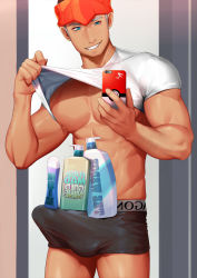 Rule 34 | 1boy, abs, alternate costume, aqua eyes, bare pectorals, biceps, black hair, black male underwear, boxers, bulge, casual, clothes lift, commission, creatures (company), dark-skinned male, dark skin, earrings, erection, erection under clothes, game freak, head tilt, holding, holding phone, jewelry, kashi kosugi, large pectorals, lifted by self, male focus, male underwear, muscular, muscular male, navel, navel hair, nintendo, nipples, object on bulge, pectorals, phone, pokemon, pokemon swsh, raihan (pokemon), selfie, shampoo bottle, shampoo challenge, shirt, shirt lift, short hair, smirk, solo, tareme, thighs, underwear, white shirt