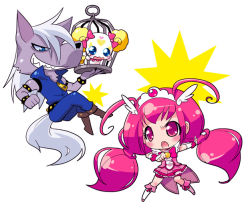 Rule 34 | 10s, 1boy, 1girl, angry, antenna hair, bike shorts, blue eyes, blush, boots, bow, bowtie, brooch, cage, candy (smile precure!), chibi, creature, cure happy, dress, furry, furry male, grin, head wings, hoshizora miyuki, igaiga, jewelry, knee boots, long hair, magical girl, no nose, pants, pink bow, pink dress, pink eyes, pink hair, pink shorts, pink skirt, precure, shorts, shorts under skirt, skirt, smile, smile precure!, tiara, twintails, werewolf, white background, white hair, wings, wolfrun, wrist cuffs