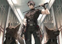 Rule 34 | abs, alternate costume, animal, black dog, black gloves, black hair, black pants, black shirt, chinese text, commentary, cuffs, dog, earrings, english commentary, english text, genshin impact, gloves, hair between eyes, handcuffs, highres, holding, holding weapon, jewelry, male focus, ngkhyn, open hand, pants, police, prison, prison cell, scar, scar on arm, shirt, short hair, standing, weapon, wriothesley (genshin impact)