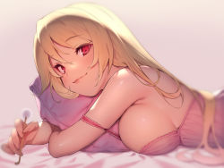 Rule 34 | 1girl, azur lane, babydoll, bare shoulders, blonde hair, blush, breasts, closed mouth, commentary request, commission, eyelashes, hair between eyes, highres, holding, large breasts, long hair, looking at viewer, lying, mimikaki, nelson (azur lane), on side, on stomach, pokachu, red eyes, sideboob, skeb commission, smile, solo, strap slip