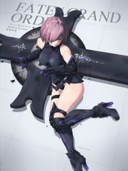 Rule 34 | arm support, armor, armored boots, armored dress, bare shoulders, black dress, boots, breasts, character name, cleavage, dress, elbow gloves, fate/grand order, fate (series), gauntlets, gloves, hair over one eye, high heel boots, high heels, highres, large breasts, looking at viewer, mash kyrielight, miv4t, navel, purple eyes, purple hair, shield, short hair, sidelocks, sitting, smile, thigh boots, thigh strap, thighhighs, thighs, yokozuwari