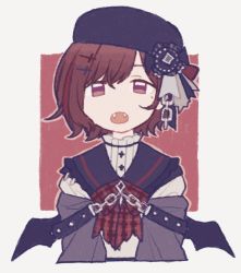 Rule 34 | 1girl, :o, black hat, black sailor collar, black wings, bow, brown background, brown bow, brown eyes, brown hair, chain, cropped torso, eyebrows hidden by hair, fangs, grey background, grey jacket, hair between eyes, hair ornament, hairclip, hat, higuchi madoka, idolmaster, idolmaster shiny colors, jacket, looking at viewer, nonaprev, open mouth, plaid, plaid bow, sailor collar, shirt, solo, two-tone background, upper body, white shirt, wings