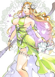 Rule 34 | 1girl, arm strap, bare shoulders, belletff14, breasts, brown hair, choker, circlet, dress, feathers, final fantasy, final fantasy xiv, flower, green dress, green eyes, hair ornament, highres, holding, holding scythe, holding weapon, large breasts, leaf, leaf hair ornament, long hair, looking at viewer, nophica, parted bangs, parted lips, petals, scythe, sideboob, sleeveless, sleeveless dress, smile, solo, standing, thick eyebrows, thighlet, very long hair, wavy hair, weapon, wristband
