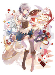 Rule 34 | &gt;:(, 1girl, adapted costume, alternate hairstyle, apron, black footwear, blue bow, blue bowtie, blue ribbon, blue skirt, blush, boots, bow, bowtie, braid, cake, card, closed mouth, corset, cup, dress shirt, drinking glass, flower, food, fork, frown, full body, grey eyes, hair ribbon, highres, izayoi sakuya, kita (kitairoha), knife, looking at viewer, maid, maid headdress, playing card, pocket watch, puffy short sleeves, puffy sleeves, red flower, red rose, ribbon, rose, shirt, short hair, short sleeves, side braid, silver hair, skirt, solo, thighhighs, touhou, v-shaped eyebrows, waist apron, watch, white shirt, white thighhighs, wine glass