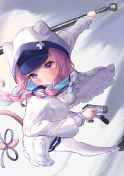 Rule 34 | 1girl, absurdres, black footwear, blue hair, blue hat, blush, braid, colored inner hair, commentary, gun, hat, highres, holding, holding gun, holding weapon, hololive, hood, hooded jacket, jacket, long hair, looking at viewer, minato aqua, minato aqua (sailor), multicolored hair, official alternate costume, pantyhose, pink hair, ponzakuro0116, purple eyes, shirt, shoes, smile, solo, twin braids, two-tone hair, virtual youtuber, weapon, white jacket, white pantyhose, white shirt