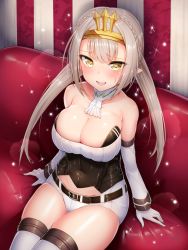 Rule 34 | 1girl, :d, arms at sides, bare shoulders, belt, belt buckle, blonde hair, blush, braid, breasts, buckle, busou shinki, character request, cleavage, collarbone, corset, couch, covered navel, crown braid, detached collar, detached sleeves, doyouwantto, gloves, hairband, heart, heart-shaped pupils, highres, large breasts, long hair, long sleeves, looking at viewer, on couch, open mouth, pointy ears, shiny skin, short shorts, shorts, signature, silver hair, sitting, skindentation, smile, solo, strapless, striped, striped background, sweat, symbol-shaped pupils, thighhighs, twintails, vertical stripes, white gloves, white shorts, white thighhighs, yellow hairband