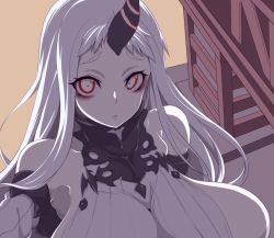 Rule 34 | 10s, 1girl, abyssal ship, bare shoulders, breasts, detached sleeves, dress, horns, huge breasts, kantai collection, long hair, looking at viewer, neyonsan, pale skin, red eyes, ribbed dress, seaport princess, sideboob, single horn, solo, white eyes, white hair