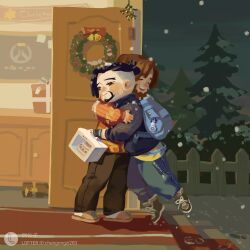 Rule 34 | 2boys, backpack, bag, beard, black eyes, black hair, black jacket, blue bag, blue pants, bright pupils, brown footwear, brown hair, brown pants, cake, cassidy (overwatch), chengongzi123, christmas, christmas wreath, closed eyes, closed mouth, commentary, deformed, door, english commentary, facial hair, fence, food, full body, gift, hanzo (overwatch), highres, holding, holly, hug, indoors, jacket, lofter username, long sleeves, male focus, multiple boys, mutual hug, open mouth, orange sweater, overwatch, pants, pine tree, short hair, slippers, snow, snowing, standing, sweater, tree, undercut, white pupils, winter, wreath