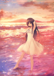 Rule 34 | 1girl, arm behind head, arm up, armpits, barefoot, brown eyes, brown hair, cloud, coffee-kizoku, dress, hand in own hair, hand on own chest, long hair, original, ripples, shiramine rika, sky, soaking feet, solo, sundress, sunset, wading, water, white dress