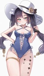 Rule 34 | 1girl, absurdres, aftamc, bare shoulders, blue one-piece swimsuit, breasts, clothing cutout, genshin impact, gluteal fold, groin, hat, highres, leg tattoo, long hair, looking at viewer, mona (genshin impact), navel cutout, one-piece swimsuit, parted lips, scrunchie, small breasts, solo, sun hat, swimsuit, tattoo, thighlet, thighs, twintails, very long hair, white hat, wrist scrunchie