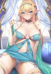 Rule 34 | 1girl, arm support, blonde hair, blue eyes, blush, breasts, breasts apart, choker, cleavage, closed mouth, collarbone, commentary request, cowboy shot, crossed bangs, curtains, detached sleeves, dress, elf, green dress, hair between eyes, hair intakes, hairband, hand up, highres, indoors, jewelry, large breasts, long hair, looking at viewer, midriff, mizuya nao, navel, nose blush, on bed, original, panties, pantyshot, pillow, pointy ears, revealing clothes, ring, shadow, shawl, sidelocks, sitting, skindentation, solo, strapless, strapless dress, thighhighs, underwear, white panties, white sleeves, white thighhighs, window