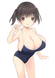 Rule 34 | 1girl, :o, alk, blue one-piece swimsuit, breasts, brown eyes, brown hair, cleavage, collarbone, eyebrows, female focus, hair between eyes, hand up, highres, huge breasts, leaning forward, looking at viewer, one-piece swimsuit, oppai loli, original, simple background, solo, standing, swimsuit, twintails, v, white background