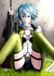Rule 34 | 10s, 1girl, anti-materiel rifle, blue eyes, blue hair, bolt action, breasts, bullet, green hair, green thighhighs, gun, jacket, kai (link2262), modern drawing style, mouth hold, open clothes, open jacket, pgm hecate ii, rifle, scarf, short hair, short shorts, shorts, sinon, sitting, sniper rifle, spread legs, sword art online, thighhighs, weapon
