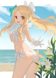 Rule 34 | 1girl, :d, absurdres, ass, bare shoulders, beach, bikini, blonde hair, blue sky, blush, bow, bow bikini, breasts, cleavage, cloud, commentary request, day, english text, flower, forehead, frilled bikini, frilled bikini top, frills, gloves, hagi (ame hagi), hand up, highres, horizon, idolmaster, idolmaster cinderella girls, long hair, mochizuki hijiri, ocean, open mouth, parted bangs, ponytail, red eyes, sidelocks, sky, small breasts, smile, solo, summer, swimsuit, very long hair, water, white bikini, white bow, white flower, white gloves