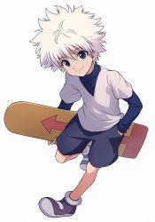Rule 34 | 1boy, asada hachi, blue eyes, blue shirt, blue shorts, closed mouth, commentary, full body, highres, holding, holding skateboard, hunter x hunter, killua zoldyck, layered sleeves, long sleeves, male focus, messy hair, purple footwear, purple shirt, shirt, shoes, short hair, short over long sleeves, short sleeves, shorts, simple background, skateboard, smile, solo, spiked hair, standing, standing on one leg, t-shirt, turtleneck, white background, white hair