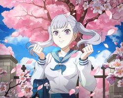 Rule 34 | 1girl, black clover, black clover m: rise of the wizard king, falling petals, flower, grey hair, highres, looking at viewer, noelle silva, official art, petals, purple eyes, school uniform, smile, twintails