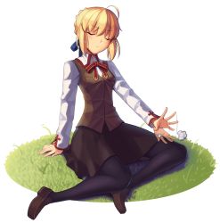 Rule 34 | 1girl, absurdres, afterimage, ahoge, arm support, artoria pendragon (all), artoria pendragon (fate), blonde hair, blue pantyhose, blush, boa (brianoa), braid, brown footwear, brown jacket, brown skirt, closed eyes, closed mouth, collared shirt, commentary, facing viewer, fate/stay night, fate (series), full body, grass, highres, homurahara academy school uniform, jacket, lap pillow invitation, long sleeves, on ground, pantyhose, patting lap, red ribbon, ribbon, saber (fate), school uniform, shirt, shoes, short hair, sitting, skirt, sleeveless, sleeveless jacket, solo, transparent background, white shirt