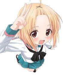 Rule 34 | 1girl, :d, a channel, ahoge, black footwear, black neckwear, blonde hair, blush, brown eyes, commentary request, forehead, from above, highres, looking at viewer, looking up, momoki run, open mouth, parted bangs, school uniform, serafuku, shirt, short hair, simple background, sincos, skirt, smile, solo, tongue, v, white background, white shirt