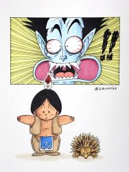 Rule 34 | !, !!, 3boys, a24wks, black eyes, black hair, bloodshot eyes, blue skin, brown vest, child, colored skin, comic, commentary request, constricted pupils, dracula man, dragon ball, dragon ball (classic), emphasis lines, feather hair ornament, feathers, frown, hair ornament, headdress, highres, loincloth, male focus, marker (medium), multiple boys, native american, navel, official style, pointy ears, porcupine, puar, raised eyebrow, sharp teeth, silent comic, solid oval eyes, t-pose, teeth, tongue, toriyama akira (style), traditional media, twitter username, upa (dragon ball), uvula, vest, widow&#039;s peak