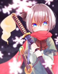 Rule 34 | 1girl, alternate costume, ascot, bad id, bad pixiv id, blue eyes, blurry, blush, bob cut, covered mouth, depth of field, dress, floral print, green dress, hair between eyes, hairband, holding, holding sword, holding weapon, konpaku youmu, layered clothes, long sleeves, looking at viewer, night, night sky, red scarf, scabbard, scarf, sheath, short hair, sky, snowflakes, snowing, solo, star (sky), sword, touhou, upper body, varyu, weapon
