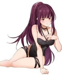 Rule 34 | 1girl, arm support, bare shoulders, black one-piece swimsuit, blunt bangs, blush, breasts, casual one-piece swimsuit, choker, cleavage, collarbone, covered erect nipples, girls&#039; frontline, halterneck, hand on own chest, highleg, highleg swimsuit, large breasts, long hair, official alternate costume, one-piece swimsuit, parted lips, ponytail, purple hair, red eyes, seinen, simple background, sitting, solo, swimsuit, thigh strap, very long hair, wa2000 (girls&#039; frontline), wa2000 (op. manta ray) (girls&#039; frontline), white background, yokozuwari