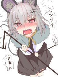 Rule 34 | 1girl, anger vein, animal ears, blush, capelet, dowsing rod, dress, grey dress, grey hair, highres, ishikkoro, long sleeves, looking at viewer, mouse ears, mouse tail, nazrin, open mouth, pink eyes, pov, shirt, solo, tail, tears, touhou