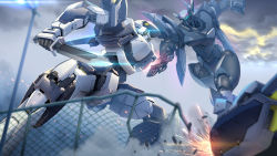 Rule 34 | arx-7 arbalest, belial (full metal panic!), cloud, cloudy sky, damaged, fence, fighting, from below, full metal panic!, highres, holding, holding weapon, knife, lamppost, mecha, mecha focus, no humans, robot, sky, smoke (flyx21), sparks, weapon