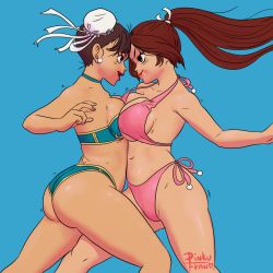 Rule 34 | 2girls, breasts, capcom, chun-li, crossover, earrings, fatal fury, female focus, jewelry, large breasts, multiple girls, ponytail, shiranui mai, snk, street fighter, the king of fighters, underboob