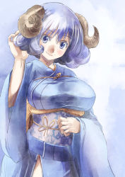 Rule 34 | 1girl, blue eyes, blue hair, breasts, commentary request, horns, japanese clothes, kimono, large breasts, matching hair/eyes, obi, sash, sheep horns, short hair, smile, solo, upper body, yohane