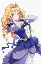 Rule 34 | 1girl, absurdres, blonde hair, blunt bangs, blush, commentary request, dress, drill hair, elbow gloves, gloves, green eyes, hands on own cheeks, hands on own face, heanna sumire, highres, jewelry, koiori, long hair, looking at viewer, love live!, love live! superstar!!, nonfiction!! (love live!), puffy short sleeves, puffy sleeves, purple dress, purple gloves, short sleeves, side drill, simple background, smile, solo, tiara, upper body, white background