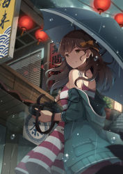 Rule 34 | 1girl, ahoge, blurry, breasts, brown eyes, brown hair, brown ribbon, camera, canon (company), coat, depth of field, dress, from side, hair ribbon, highres, holding, holding camera, lantern, long hair, looking at viewer, looking back, medium breasts, ng (chaoschyan), original, outdoors, paper lantern, parted lips, purple dress, rain, ribbon, single-lens reflex camera, smile, solo, spaghetti strap, standing, striped clothes, striped dress, umbrella, white dress