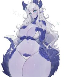 Rule 34 | 1girl, bare hips, bare legs, bare shoulders, bikini, blue eyes, blue scales, blue skin, blush, breasts, cleavage, colored skin, commission, dragon girl, dragon horns, dragon tail, gluteal fold, hair bun, hands on own chest, heart, horns, huge breasts, long hair, looking at viewer, navel, original, reptile girl, scales, sideboob, swimsuit, tail, thick thighs, thighs, togetoge, underboob, wavy hair, white bikini, white hair, wide hips
