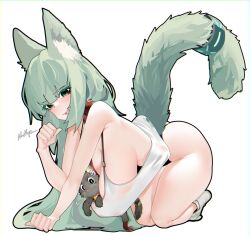 Rule 34 | 1girl, absurdres, all fours, alternate costume, animal ear fluff, animal ears, arknights, breasts, cat, cat ears, cat girl, cat tail, fang, full body, green eyes, green hair, hanging breasts, harmonie (arknights), highres, large breasts, naxius noxy, oversized clothes, oversized shirt, paw pose, shirt, skin fang, sleeveless, sleeveless shirt, tail, tail ornament, tail ring, white background, white shirt