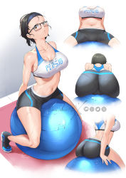 Rule 34 | 1girl, ass, ball, black footwear, black hair, black shorts, blue hairband, blush, breasts, brown eyes, cleavage, collarbone, commentary, english commentary, exercise ball, glasses, hairband, highres, looking at viewer, lulu-chan92, lulu chan92 (character), medium breasts, midriff, multiple views, navel, original, panties under shorts, pantylines, pixiv logo, puddle, shoes, short hair, shorts, sitting, sitting on ball, sneakers, solo, sport ball, sports bra, sweat, sweaty clothes, twitter logo, twitter username, watermark, white sports bra